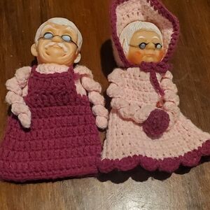 Crocheted Elderly Couple Dolls in Pink and Maroon Grannycore Knitted Covers